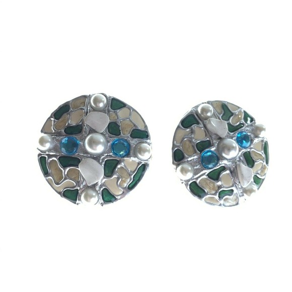 Vtg LA RAGE Mosaic Earrings Circles Gems Statement - Picture 2 of 9